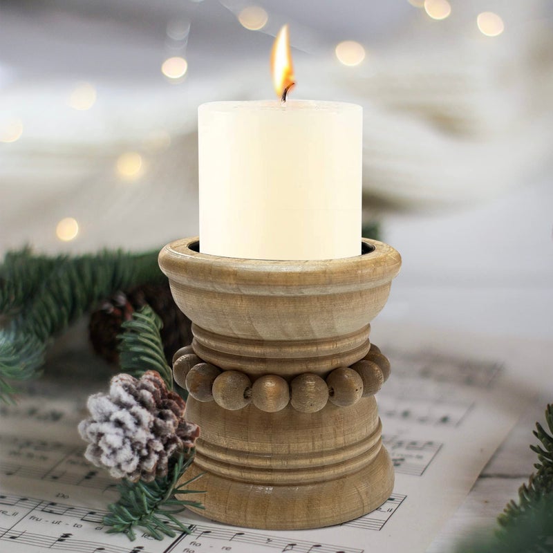 dwellington Farmhouse Rustic Wood Pillar Candle Holder for Pillar Candles  Decorative Beaded Candlestick Holder Stand for Home D?cor  Gifts  Wedding (Natural) - Image 5
